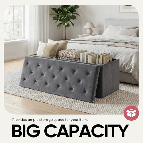 43 Inches Velvet Storage Ottoman Bench, Folding Upholstered Ottoman with Storage for Bedroom Living Room, 140L Capacity - color: Grey