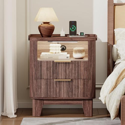 Baoz Walnut Fluted Nightstand with Charging Station & 2 Wooden Drawers | 20" Wide Mid Century Modern Bedside Table Wood Curved Profile Design 27in Tall LED Night Stand - color: Walnut, size: 2 Drawers