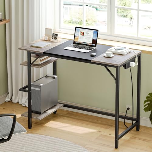 HOOBRO Small Computer Desk, 35.4 Inch Home Office Desk with Power Outlet, Writing Desk with 2 Shelves, Modern Small Desk for Home Office, Study, Easy to Assemble, Charcoal Gray and Black BG43UDN01 - color: Charcoal Gray + Black