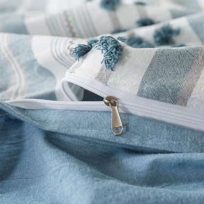 Washed Cotton Queen Size Duvet Cover Set - Tufted Dots Boho Chic Bedding for All Seasons, Striped Pom Pom Bedding Linen Like Textured Breathable Durable Soft Comfy (Blue, 90x90'') - color: Blue, size: Queen