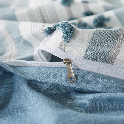 Washed Cotton King Size Duvet Cover Set - Tufted Dots Boho Chic Bedding for All Seasons, Striped Pom Pom Bedding Linen Like Textured Breathable Durable Soft Comfy (Blue, 104x90'') - color: Blue, size: King