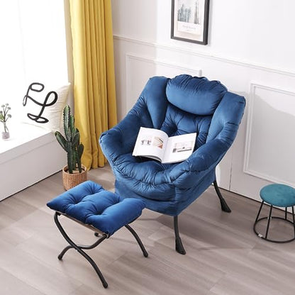 Lazy Chair with Ottoman, Comfy Accent Reading Chair, Velvet RoyalBlue | Foldable Footrest,Removable Cover,with Armrests and Side Pockets,Upholstered Lounge Chair for Bedroom,Dorm,Office,Small Space - color: Velvet Royalblue