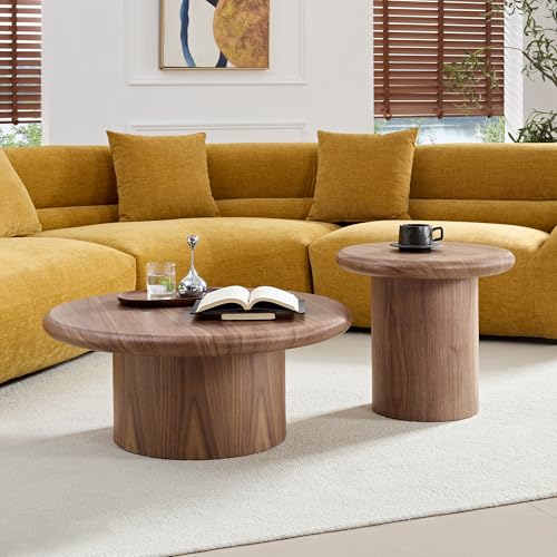 Round Nesting Coffee Table Set of 2, Modern 2-Piece Circle Wooden Center Table with Base, Accent Tea Table for Living Room Apartment, Easy Assembly, 31.5" & 20.87" (Walnut) - color: 31.5" & 20.87",walnut
