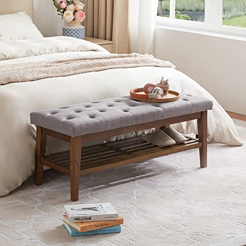 HUIMO Upholstered Entryway Shoe Bench, Button Tufted End of Bed Bench, Grey | with Solid Wood Slatted Shelf, Padded Ottoman Bench for Bedroom, Living Room, Entryway - color: Grey, style: French Country