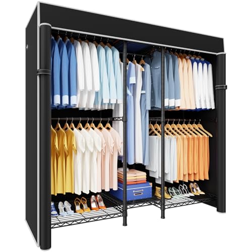 E12C Heavy Duty Closet Organizer System，Freestanding Clothing Rack, Adjustable Garment Rack 57.1" W x 16" D x 76.5" H Holds 860 lbs, Black Clothing Rack with Black Dustproof Cover - color: Black Rack With Black Cover, size: E12C