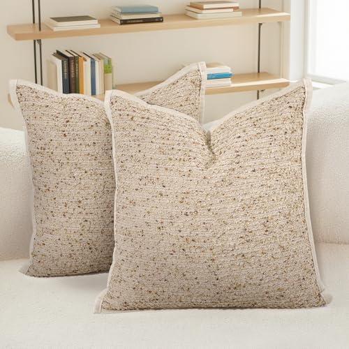 HEAVYWOOD Textured Boucle Pillow Covers 18x18 Set of 2 Striped Boho Farmhouse Throw Pillowcase Rustic Accent Square Couch Cushion Cover for Home Decor Bed Sofa Living Room (Khaki, 18x18) - color: Khaki