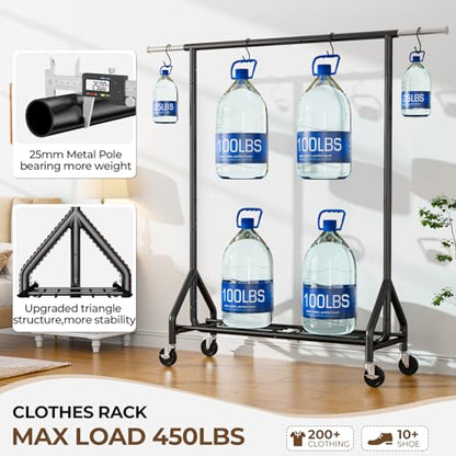 HYSEYY Heavy Duty Clothes Rack Load 450 LBS, Metal Garment Rack, Standing Rolling Clothing Rack for Hanging Clothes with Sturdy Wheels & Shelves, Portable Closet Wardrobe Rack,Black - color: Black