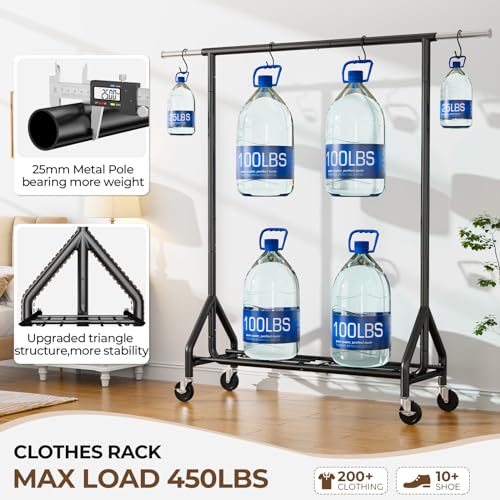 HYSEYY Heavy Duty Clothes Rack Load 450 LBS, Metal Garment Rack, Standing Rolling Clothing Rack for Hanging Clothes with Sturdy Wheels & Shelves, Portable Closet Wardrobe Rack,Black - color: Black