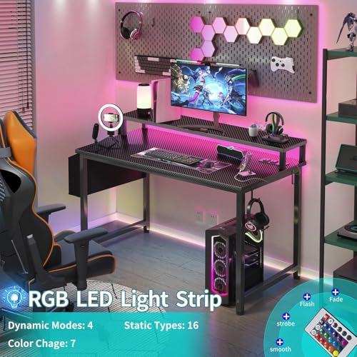 Lufeiya Gaming Desk with Power Outlets and LED Lights, 40 Inch Gamer Desk Table with Charging Station, Home Office Computer Desks with Monitor, Black - color: Carbon Fiber Black, size: 39.4"