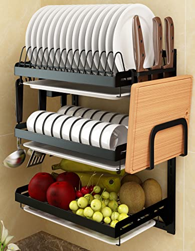 Wall Mounted Stainless Steel Dish Drying Rack Fruit Vegetable Storage Basket with Drainboard and Hanging Chopsticks Cage Knife Holder Kitchen Supplies Shelf Utensils Organizer (3-Tier) - color: 3-tier Dish Rack