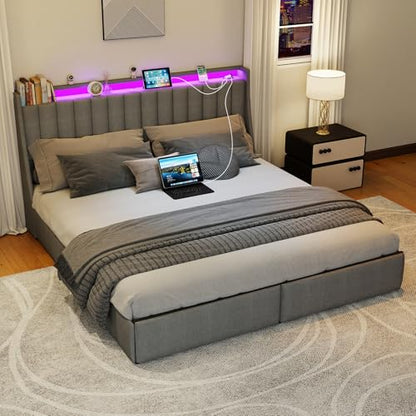 SADENICEL King Size Bed Frame with 4 Storage Drawer, King Bed Frame, Grey | Headboard with Charging Station and LED Lights, Metal Platform Bed with Storage Shelf, Noise Free, No Box Spring Needed - size: King, style: Channel Tufted & 4 Storage Drawers