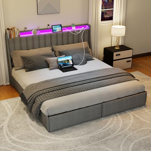 SADENICEL Full Size Bed Frame with 4 Storage Drawer, Full Bed Frame, Grey | Headboard with Charging Station and LED Lights, Metal Platform Bed with Storage Shelf, Noise Free, No Box Spring Needed - size: Full, style: Channel Tufted & 4 Storage Drawers