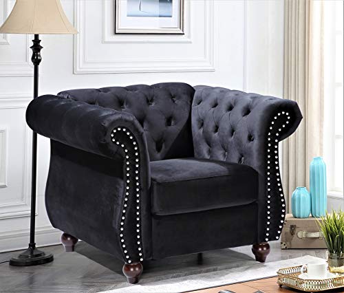 GDFStudio 40.6" Modern Velvet Accent Chair, Chesterfield Upholstered Lounge Chair with Rolled Arms, Comfy Single Sofa Chair with Button Tufted Back & Wood Tapered Legs for Living Room Bedroom, Black - color: Black, size: 1 Seat