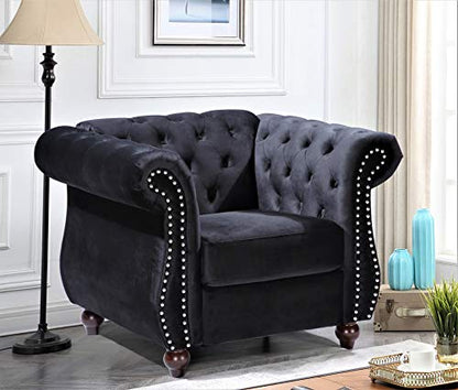 GDFStudio 40.6" Modern Velvet Accent Chair, Chesterfield Upholstered Lounge Chair with Rolled Arms, Comfy Single Sofa Chair with Button Tufted Back & Wood Tapered Legs for Living Room Bedroom, Black - color: Black, size: 1 Seat
