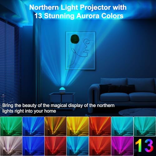 HUMIIEYE Northern Lights Projector, 13 Colors Aurora Night Light Projector for Bedroom, 3 Timers, Remote Galaxy Light Projector, Memory Function Dimmable Mood Lighting for Playroom Kids Teen Girl Gift - color: Polychromatic