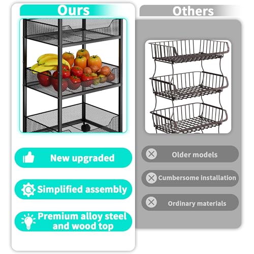 HapiRm Fruit Basket Kitchen Cart - 4-Tier Rolling Storage Cart with Wheels, Fruit Vegetable Basket with Wood Top, Pantry Utility Kitchen Organizer for Fruit Potato Onion Vegetable Bread Snack - color: Grey