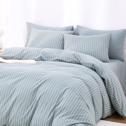 Wake In Cloud - Striped Cotton Duvet Cover Set, Ticking Stripe Vertical Pinstripe Farmhouse, 100% Washed Cotton Textured Bedding Set, 3 Pieces, Blue, Full Size - color: Blue, size: Full