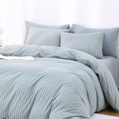 Wake In Cloud - Striped Cotton Duvet Cover Set, Ticking Stripe Vertical Pinstripe Farmhouse, 100% Washed Cotton Textured Bedding Set, 3 Pieces, Blue, Full Size - color: Blue, size: Full
