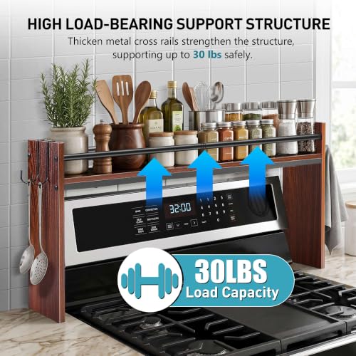 Spice Rack Shelf for Kitchen Stove, Over The Stove Shelf with 4 Hooks, Premium Wood & Metal Commbined Spice Rack Organizer Extra Storage Countertop (Walnut) - color: Walnut