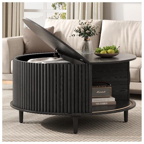 SULIVES Black Round Coffee Table with Storage, 31.5" Wood Drum Table, Fluted Circle Center Table for Living Room, Modern Mid Century Furniture with Sliding Door - color: Black_round