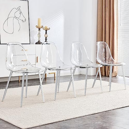Baysitone Clear Dining Chairs Set of 4, Modern Kitchen Chairs with Transparent Seat, Acrylic Accent Side Chairs with Metal Legs for Dining Room, Kitchen, Living Room with Silver - color: Silver, size: Set of 4