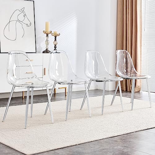 Baysitone Clear Dining Chairs Set of 4, Modern Kitchen Chairs with Transparent Seat, Acrylic Accent Side Chairs with Metal Legs for Dining Room, Kitchen, Living Room with Silver - color: Silver, size: Set of 4
