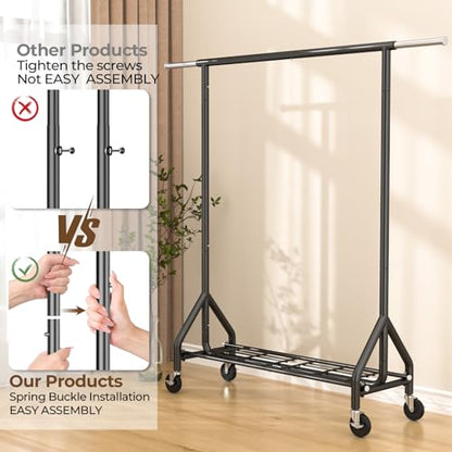 HYSEYY Heavy Duty Clothes Rack Load 450 LBS, Metal Garment Rack, Standing Rolling Clothing Rack for Hanging Clothes with Sturdy Wheels & Shelves, Portable Closet Wardrobe Rack,Black - color: Black