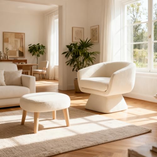 Swivel Barrel Chair and Ottoman Set, 360 Degree Club Chair, Comfy Boucle Armchair and Footstool, Upholstered Accent Sofa Chair w/Footrest for Living Room Bedroom Reception Room, White - color: White, size: Swivel chair