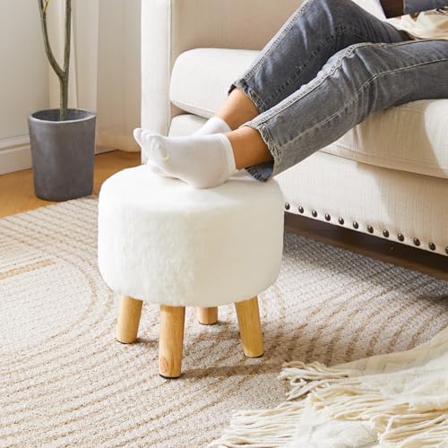 YMYNY Round Pouf Ottoman, 12.6" Small Foot Stool, White HBD035W | Faux Fur, Wood Legs, Foot Rest for Couch, Modern Boho for Living Room Bedroom Office - color: White