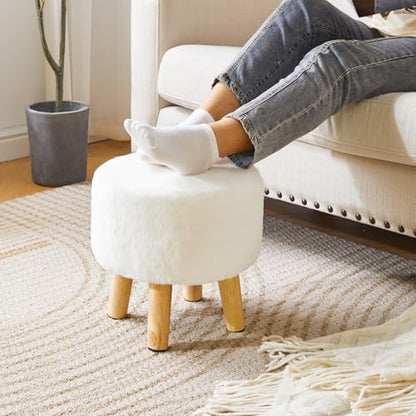 YMYNY Round Pouf Ottoman, 12.6" Small Foot Stool, White HBD035W | Faux Fur, Wood Legs, Foot Rest for Couch, Modern Boho for Living Room Bedroom Office - color: White