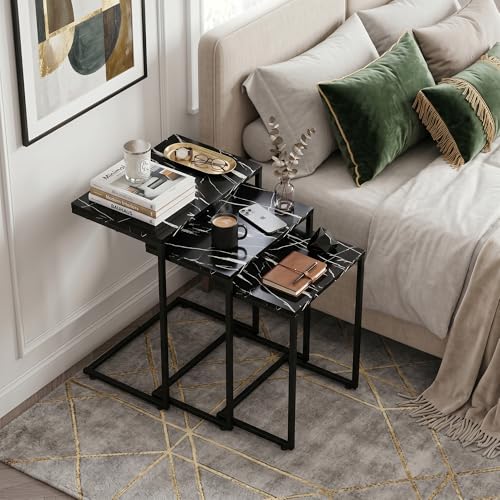 ZenStyle Nesting Coffee Table Set of 6 Side Tables, Industrial C-Shaped End Tables with Wood Table Top & Sturdy Metal Frame Stacking Accent Furniture - color: Black