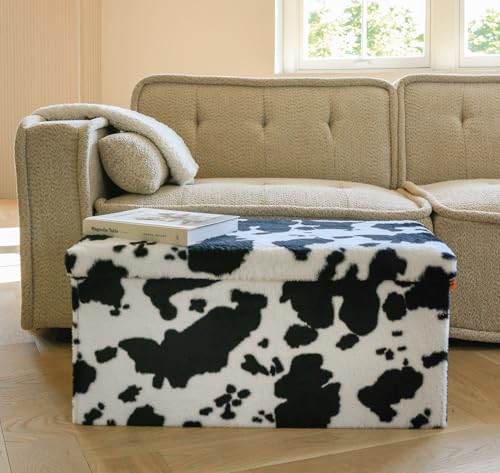 Luxe Faux Fur Storage Ottoman, Cowhide Black/White, 30 x 15 x 15 in | Engineered Wood, Tool-Free Assembly, Modern Style, Seat And Footrest - color: Cowhide Black/White, size: 30"D x 15"W x 15"H