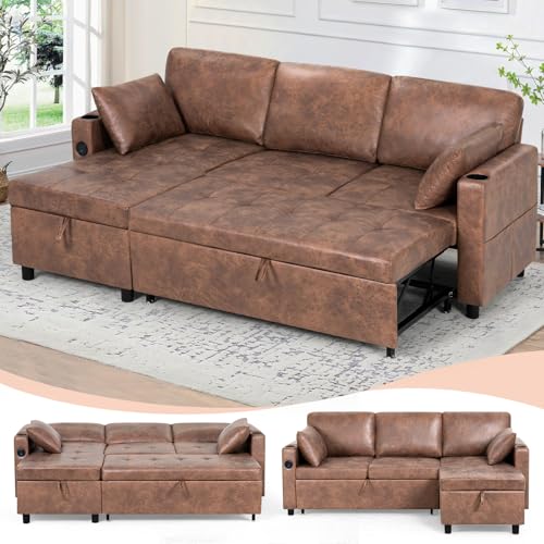 84" L-Shape Pull Out Sofa Bed with Adjustable Backrest, Brown | Upholstered Sectional Sleeper Sofa with Storage Chaise, Suede Leather Reversible Couch Bed with USB Port for Living Room - color: Brown, size: 84"