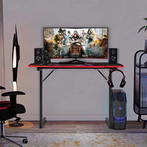 BestOffice | 39" Gaming Table | Red | Z-Shaped Computer Desk | with Steel Frame, Headphone Hook, Adjustable Feet | Carbon Fiber Texture| Easy to Clean | for Gaming, Home Office - color: Red, size: 39 Inch Z Shaped