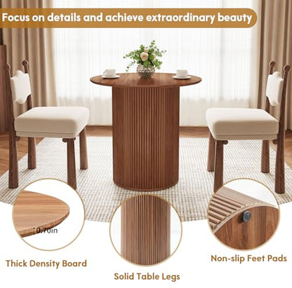 31.5" Round Dining Table for 2 People, Small Kitchen Dinner Table with Fluted Wood Base, Farmhouse Circle Dining Tables for Home, Kitchen, Dining Room, Living Room (Walnut) - color: Walnut