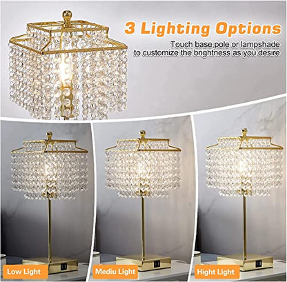 Luvkczc Set of 2 USB Bedside Crystal Table Lamp Gold, Touch Control Lamp, Dimmable Lamp with Crystal Shade for Bedroom, Living Room, 6W LED Bulb Included - color: Gold, 2 Pack