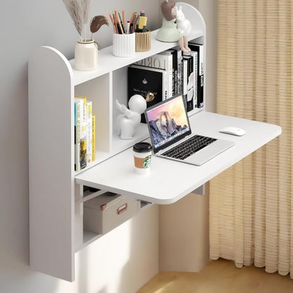 Wall Mounted Drop-Leaf Table, Floating Laptop Desk, Folding Table with Shelves, Multifunctional Computer Workstation with Storage Compartments in Home Office for Space Saving (White) - color: White