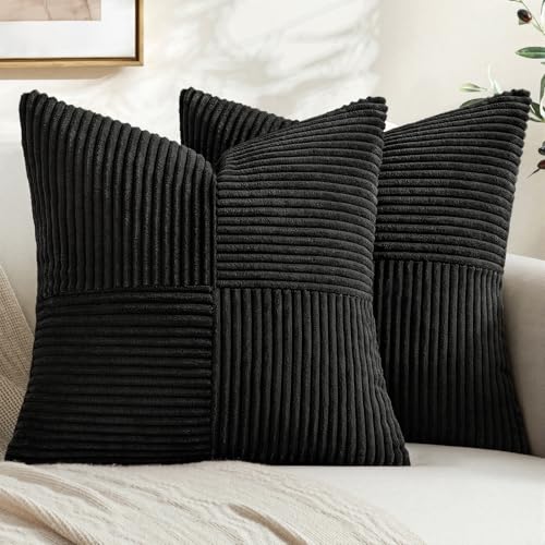 MIULEE Black Decorative Throw Pillow Covers for Couch 16x16 Inch | 2 Pack, Boho Farmhouse Pillow Covers, Soft Cross Corduroy Patchwork Textured Cushion Cases For Bed Sofa - color: Black, size: 16" x 16" (Pack of 2)