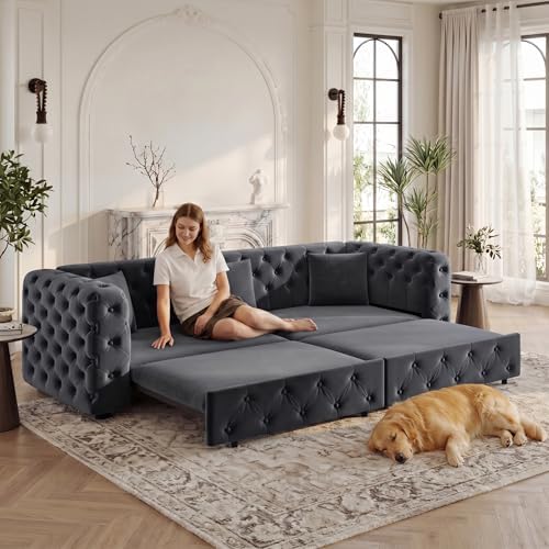 89" 4-Seater Queen Size Pull Out Sofa Bed with 3 Pillows, Gray | 4-Seater Classic Velvet Sofa with Tufted Design,3 Pillows,89" Extra Large 3-in-1 Pull Out Sofa - color: Q-dark Gray-w02