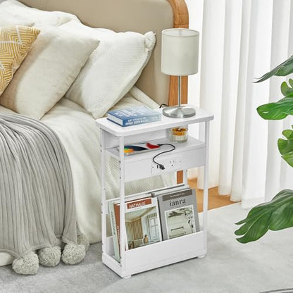 YEAKOO Narrow Side Table with Charging Station, 3-Tier End Table with 2 USB Ports & Power Outlets,Thin Sofa Side Table for Narrow and Small Spaces, Bedside Table Nightstand for Living Room,White - color: White