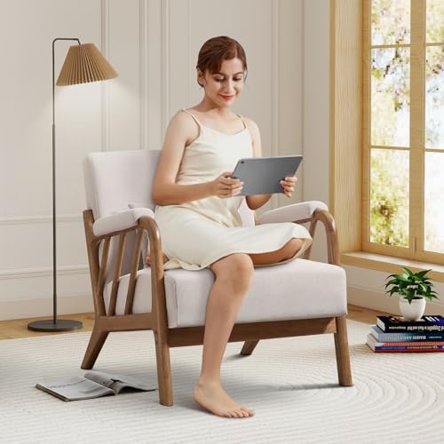 IOMOR Mid Century Modern Accent Chair with Solid Wood Frame, Upholstered Living Room Chairs with Lumbar Cushion Padded Arms, Reading Armchair for Bedroom (1, Beige) - color: Beige