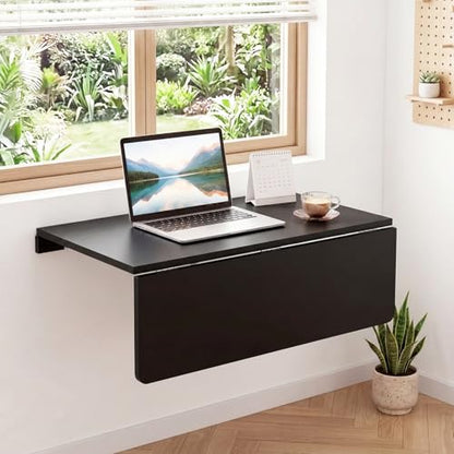 KOTEK Wall Mounted Folding Table, Floating Desk for Wall (Black) | Spacious Surface, Space-Saving , for Home Office, Bedroom, Laundry Room, Balcony & Small Spaces, Easy Assembly - color: Black