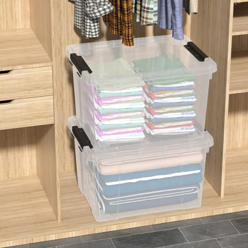 4 Pack 50 Quart Clear Plastic Storage Bins with Lids and Wheels | Large Stackable Latching Container Boxes for Clothes, Bedding, Garage Organization - size: 50 Quart