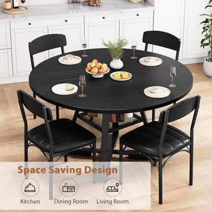 Round Dining Table Set for 4, Kitchen Table and Chairs for 4, Circle Table Round Pedestal Dining Room Dinner Dinette Table Set,5 Piece Space Saving Wood Kitchen & Dining Room Tables (Black, 42In) - color: Black
