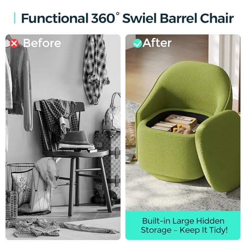 LINSY Swivel Accent Chair with Storage Comfy Chenille Barrel Chairs, Small 360 Swivel Modern Armchair for Living Room Bedroom, Boucle Reading Chair for Study Room (Green) - color: Green
