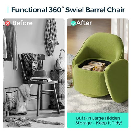 LINSY Swivel Accent Chair with Storage Comfy Chenille Barrel Chairs, Small 360 Swivel Modern Armchair for Living Room Bedroom, Boucle Reading Chair for Study Room (Green) - color: Green