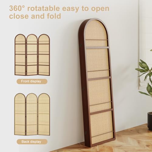 Rattan Room Divider with Bookshelf,Foldable Privacy Screen Partition,Wooden Frame,Natural Portable for Living Room,Bedroom Home,Office Reading Nook (Walnut, 3 Panels) - color: Walnut