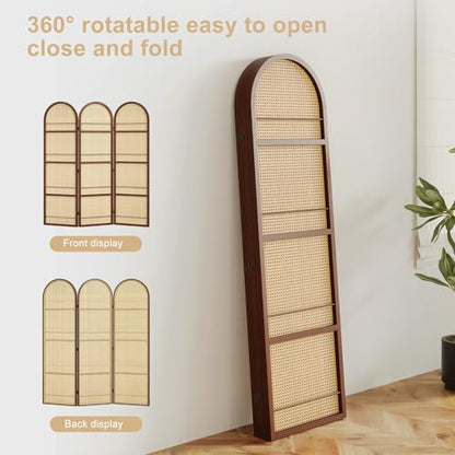 Rattan Room Divider with Bookshelf,Foldable Privacy Screen Partition,Wooden Frame,Natural Portable for Living Room,Bedroom Home,Office Reading Nook (Walnut, 3 Panels) - color: Walnut