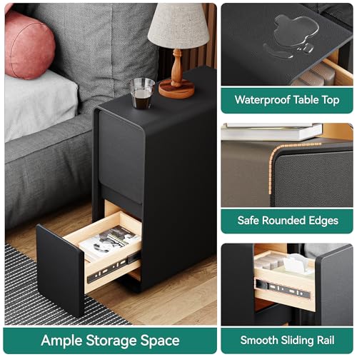7.8" W Faux Leather Narrow Nightstand, Modern Fully-Assembled Bedside Table with 2 Drawers, Wood Night Stand Small Accent End Table & Side Table for Bedroom, Black - color: Black, size: 8in