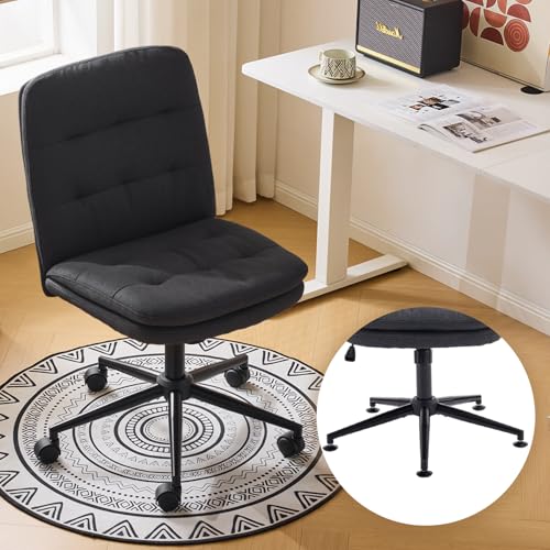 VINGLI Mid Back Armless Office Desk Chair with Wheels/no Wheels,360°Rocking Swivel Vanity Chair with Thickened Cushion,Adjustable Height Rolling for Reading Room, Make up, Linen Black - color: Black